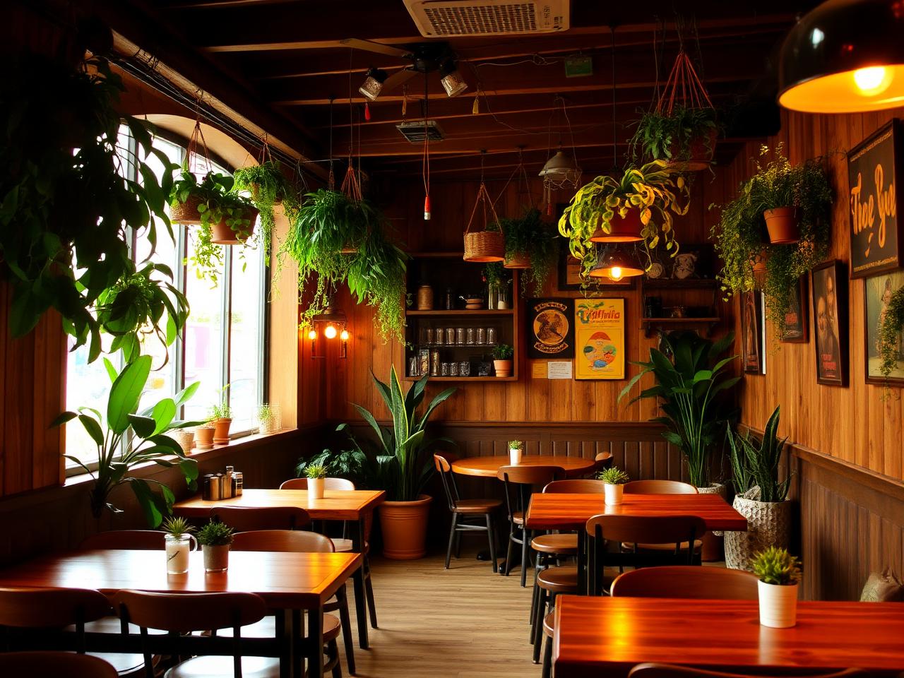 PINOY cafe interior with warm lighting and plants